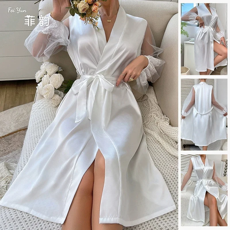 

Women's Mesh Lace Sleeve Bathrobe Sexy Nightwear Bride Wedding Dressing Gown Homewear Lady Silky Satin Robe With Loungewear