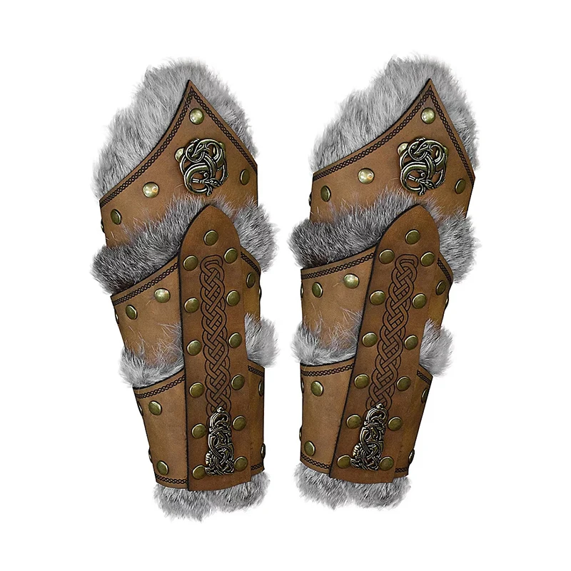 

1 Pair Medieval PU Leather Armor Arm Warmers Fur Trim Bracer Lace-Up Arm Guards Viking Knight Gauntlet Wristband Cosplay Props