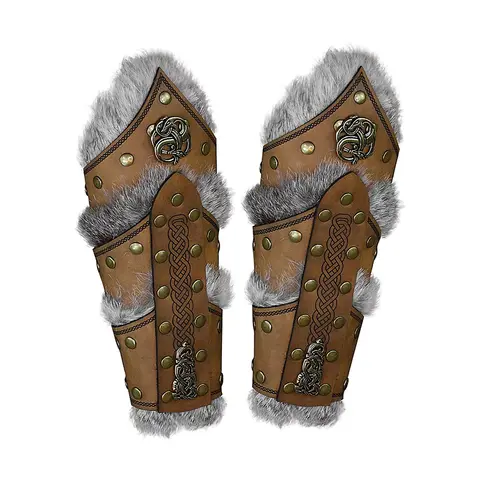 1 Pair Medieval PU Leather Armor Arm Warmers Fur Trim Bracer Lace-Up Arm Guards Viking Knight Gauntlet Wristband Cosplay Props