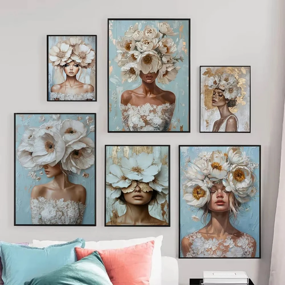 Colorful Beautiful Woman Portrait with Floral Crown Canvas Painting Modern Wall Art Woman Character Posters Prints Home Decor
