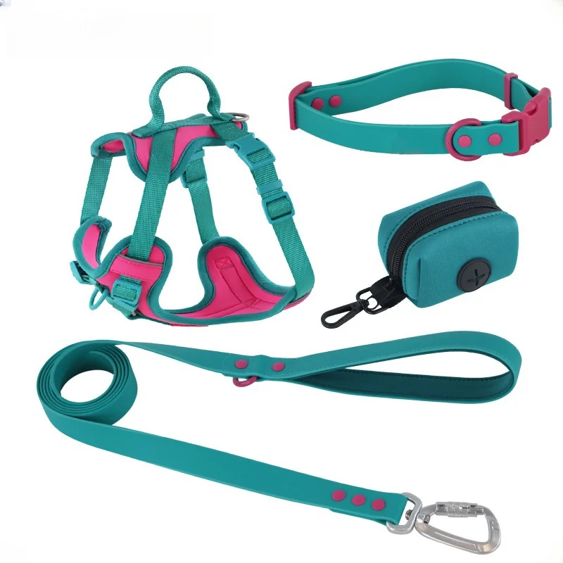 

STLFCustom Dog Vest Harness with Adjustable Neoprene Soft Chest Nylon Waterproof Leash and Dispenser Set Matching Dog Collar Lea