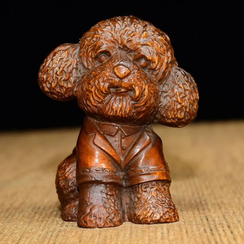Hand Carved Boxwood Cute Teddy Poodle Dog Figurine Vintage Wooden Suit Puppy Desktop Decor Craft Gift