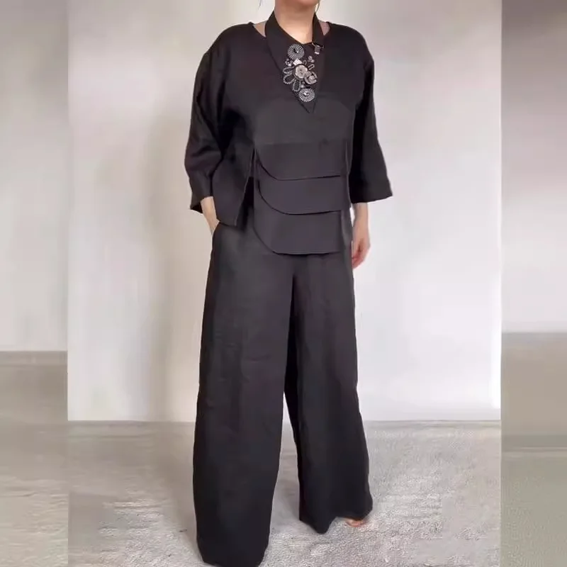 Two Piece Pant Sets Women Full Sleeve Tops Round Neck Irregular Loose Wide Leg Pants Suits Solid Spliced Pockets Summer