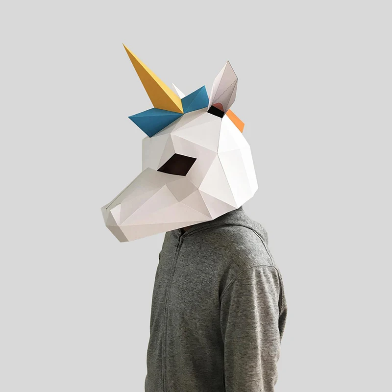 3D Paper Mold Unicorn Head Mask Headgear Animal Model Halloween Cosplay Props Woman Men Party Role Play DIY Craft Masks