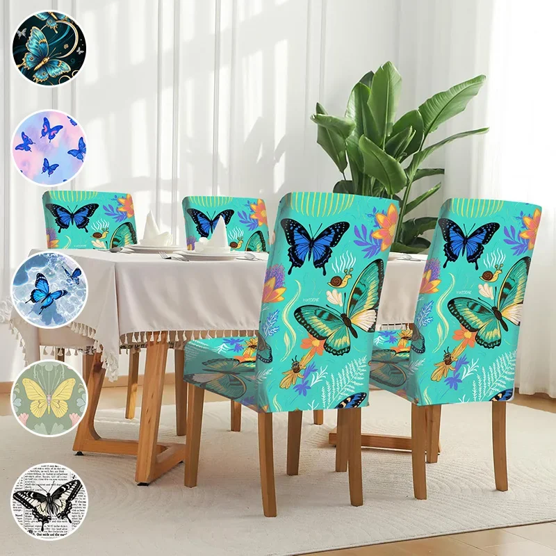 Elastic printed dining chair cover, removable and washable wear-resistant seat cover, dreamy dancing butterfly pattern