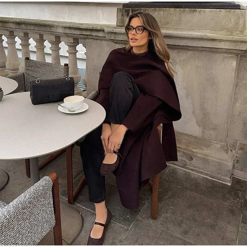 Elegant Burgundy Red Scarf Collar Wool coat Women Fashion Long Sleeved Lace Up Oversized Coats and Jackets Female Chic Outerwear