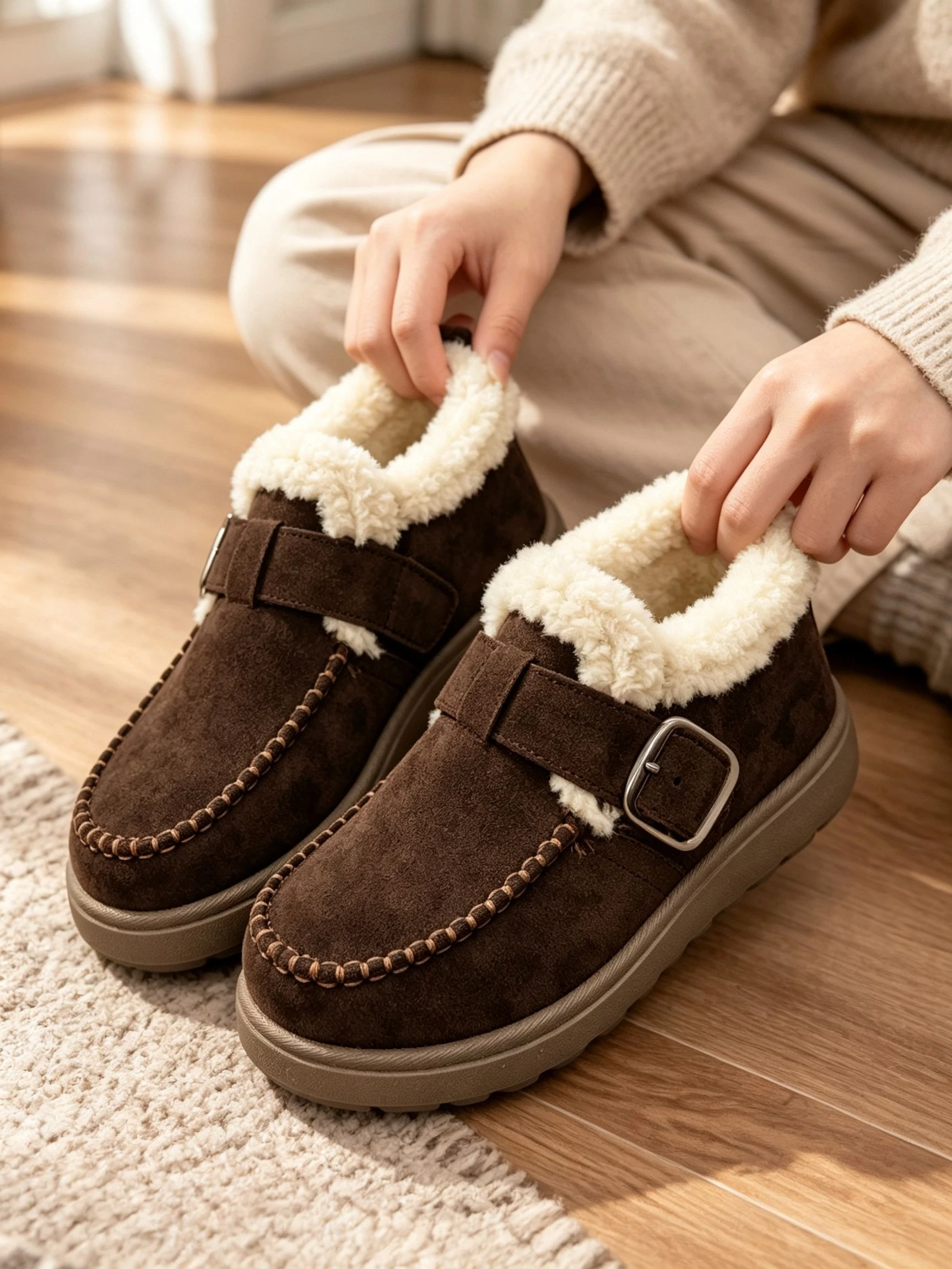 Damen Winter Plüsch Warme Baumwollschuhe, mit Schnallenriemen, Lässige Stiefeletten, Lässige Flache Schuhe – Detail 7