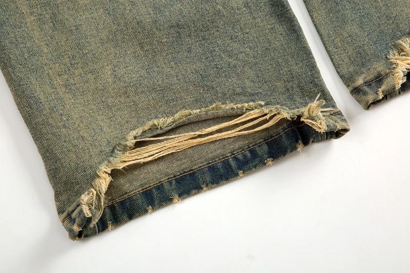 Vintage übergroße Split Deconstructed Herren breite Jeans Baggy Yellow Mud Dyed Washed Denim Jeans Cat Whisker Straight Denim Hose – Detail 17