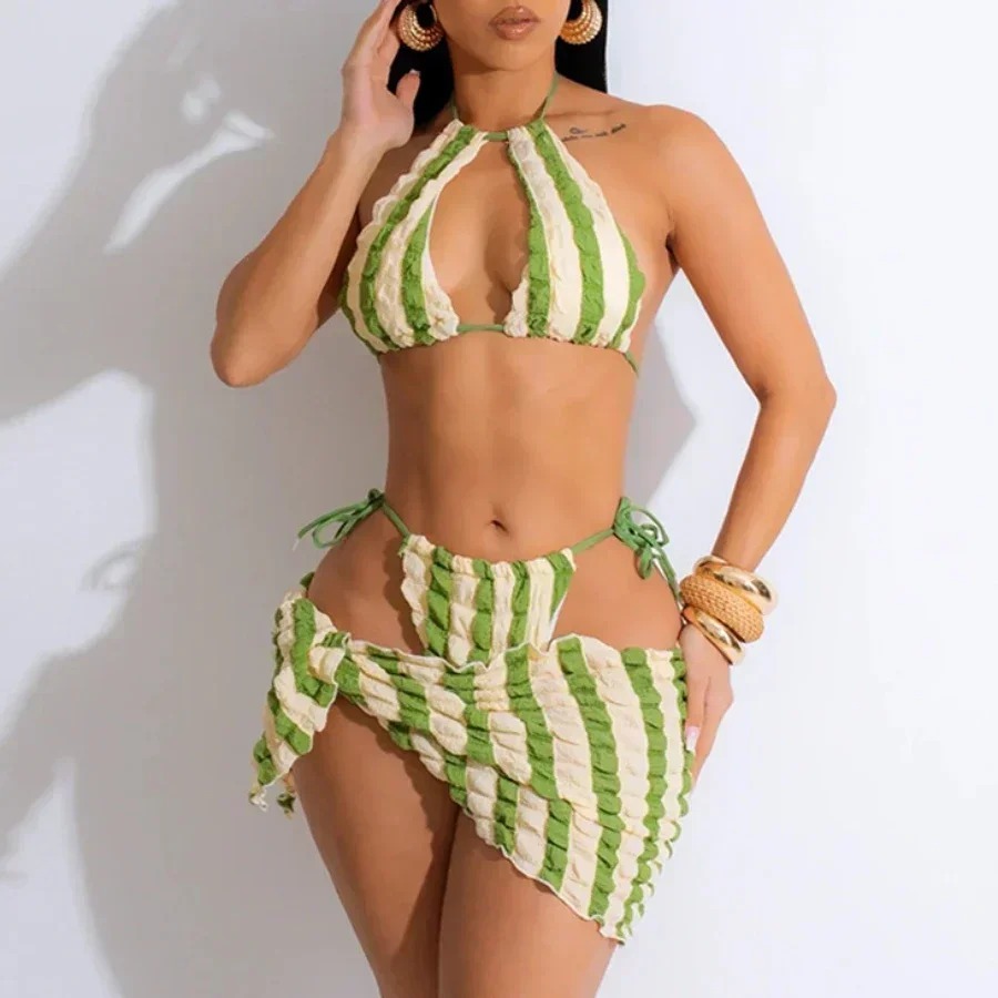 

New Seersucker Stripe Print 3-piece Swimsuit,2024 Summer New Hollow Out Bikini Set,low Waist Thong Beach Skirt Bathing Suit