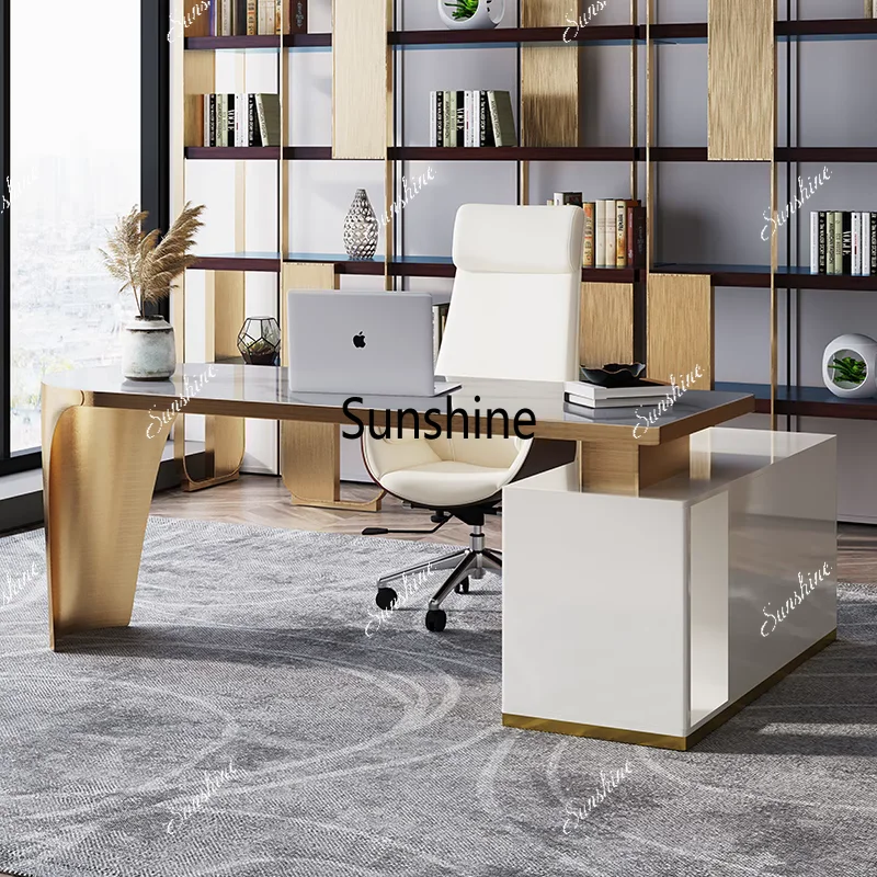 A modern minimalist sintered slab desk with a high-end design for a light luxury workbench