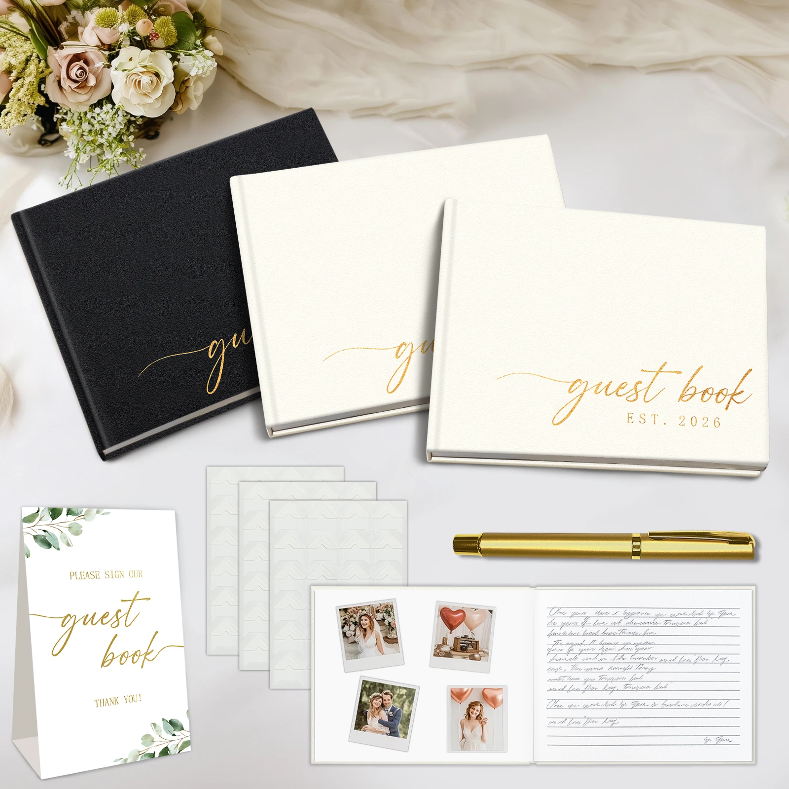 

112-Page Premium Leather Memory Book - Elegant Guest Book for Birthday, Life Celebration & Love with Standing Sign, Photo Corner