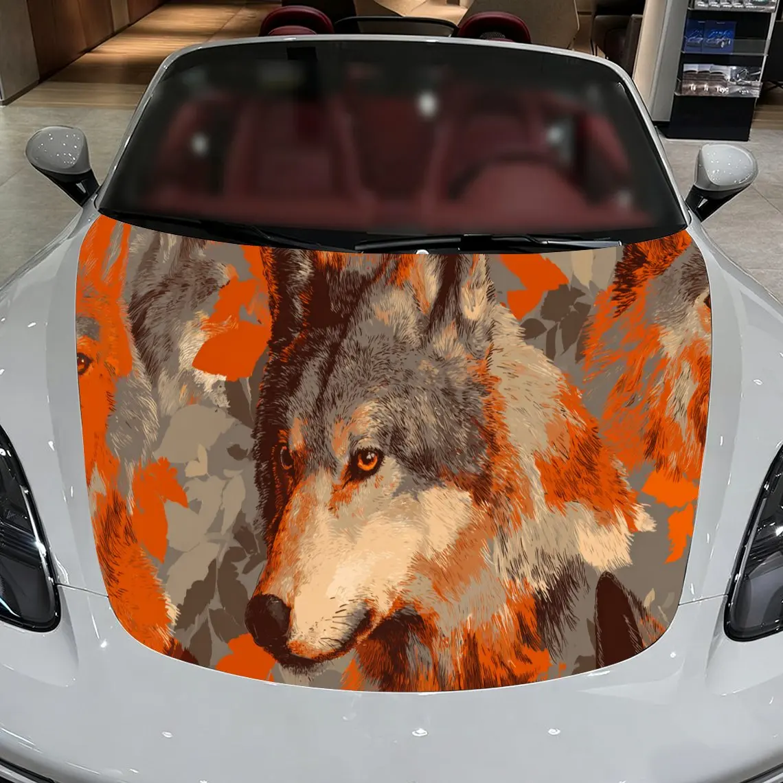 Car Decal Wolf in Orange & Brown Textured Background & Artistic, Natural-Dynamic Visual Details Car Hood Sticker, Waterproof Sel