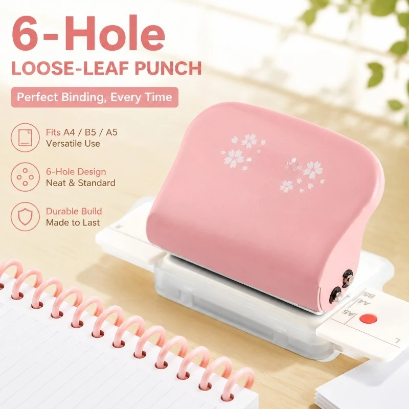 6-Hole Loose-Leaf Punch, Portable Binding Machine for A4/B5/A5 Paper, Office Document Binding with Durable Vinyl Chloride Build