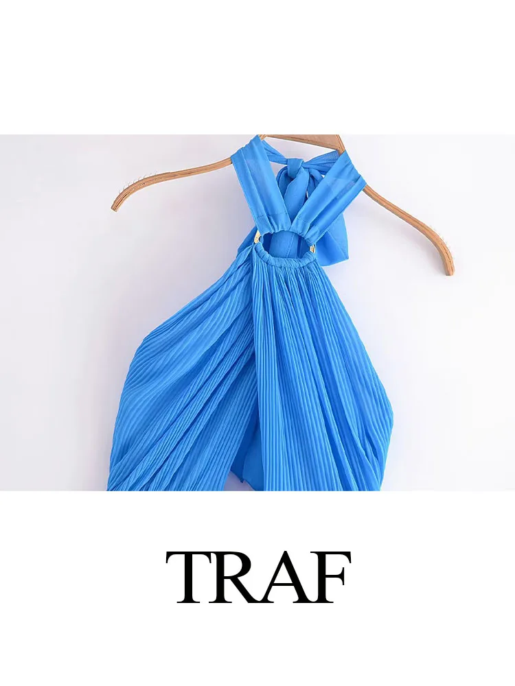 TRAF 2023 New Women Fashion Solid Casual Sexy Pleated Dress Elegant Halter Hollow Out For Party Backless Sleeveless Dresses