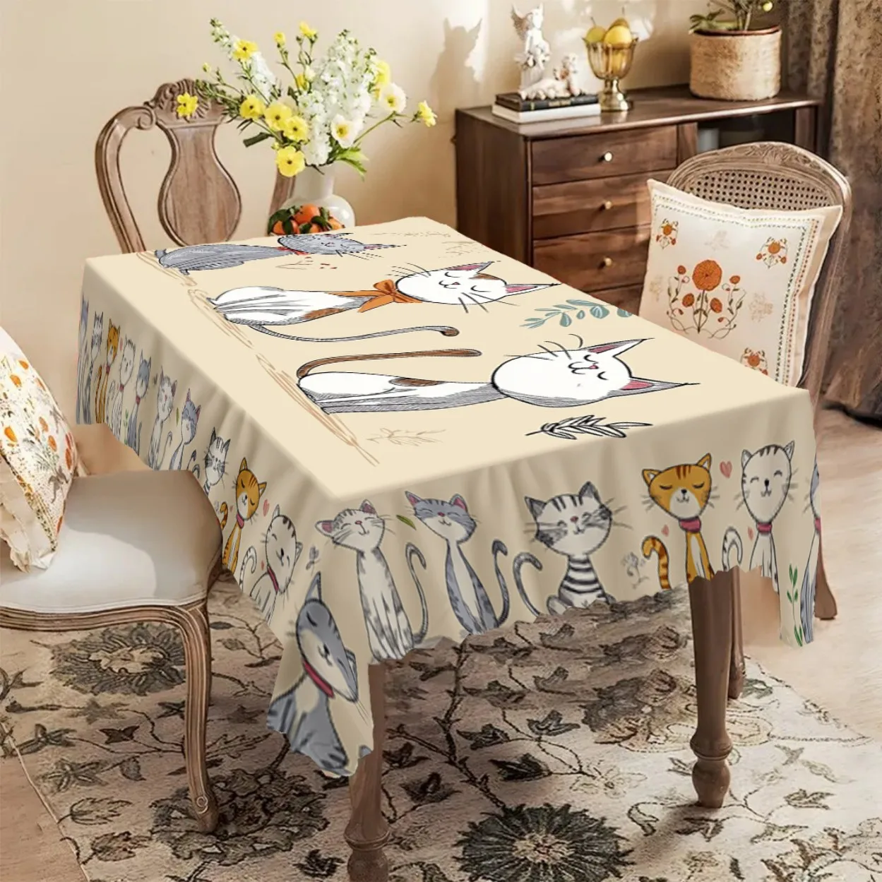 Halloween and Christmas theme, 1-piece cute cat and autumn leaves printed anti-wrinkle tablecloth.PMJ