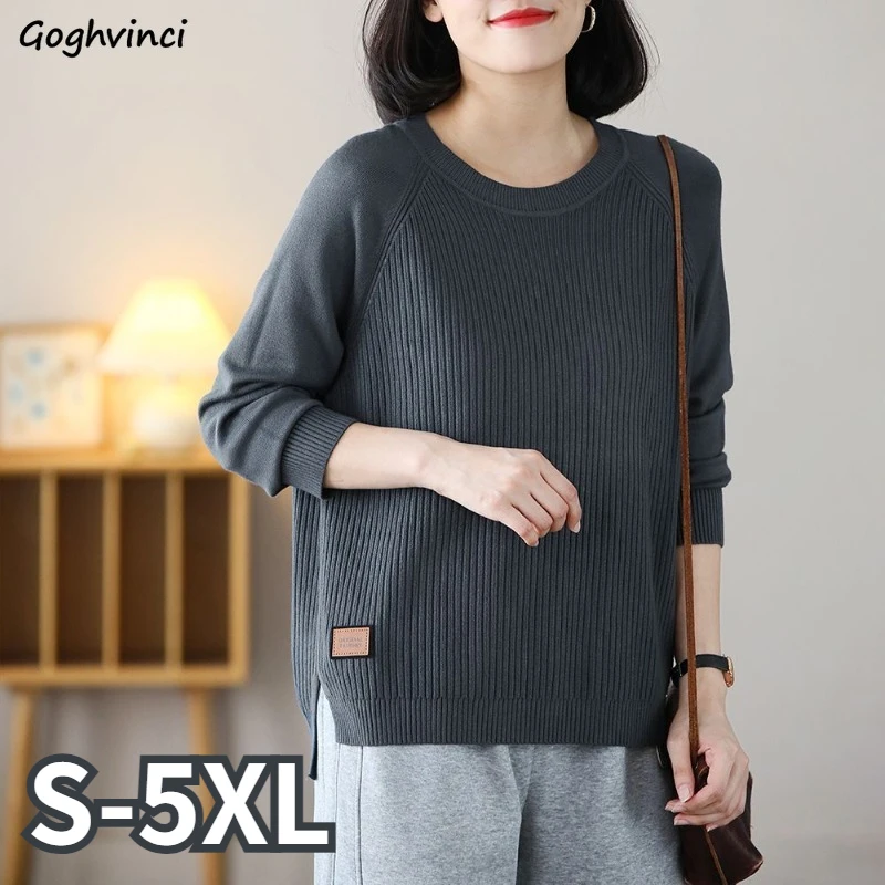 Women Baggy Sweater Pullovers Vintage Simple O-neck Korean Style Ladies Mature All-match Knitwear Daily Stylish Autumn Winter