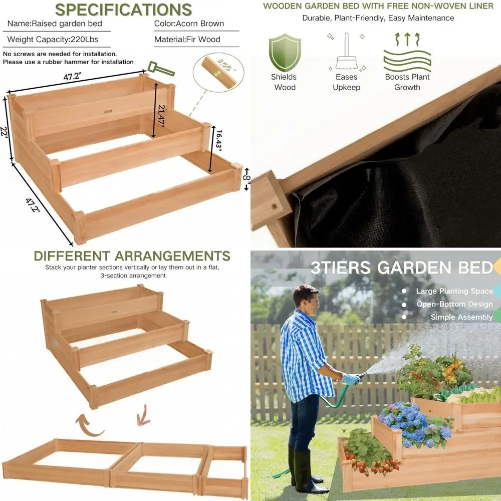 

3-х уровневая приподнятая садовая кровать с тканевым вкладышем, деревянная коробка для цветов для овощей, трав и цветов, идеально подходит для помещений на открытом воздухе