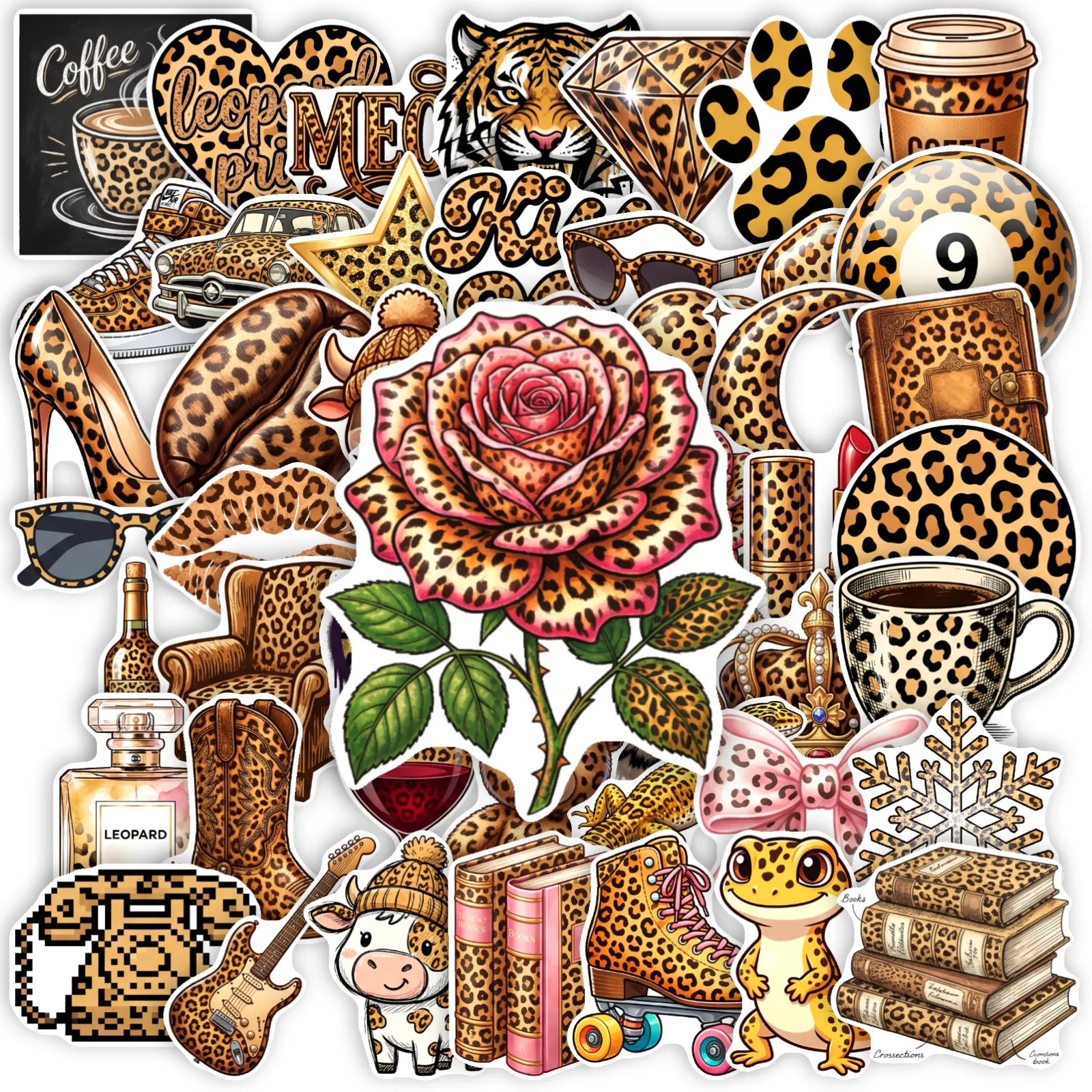 50 PCS Retro Leopard Element Stickers Hot Girl Style Cartoon Decals Luggage Helmet Skateboard Bike Decorate Waterproof Decals