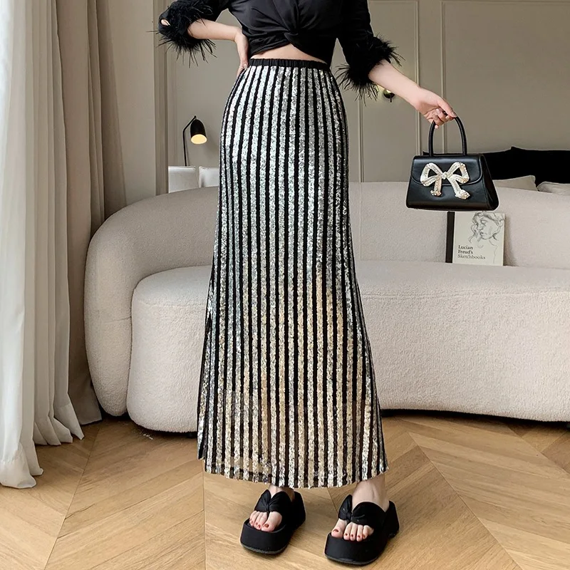 High Waisted Sequins Beading Long Skirt Womens 2024 Summer Stretchy Straight Stylish Fashion Chic Ladies Skirts 2024