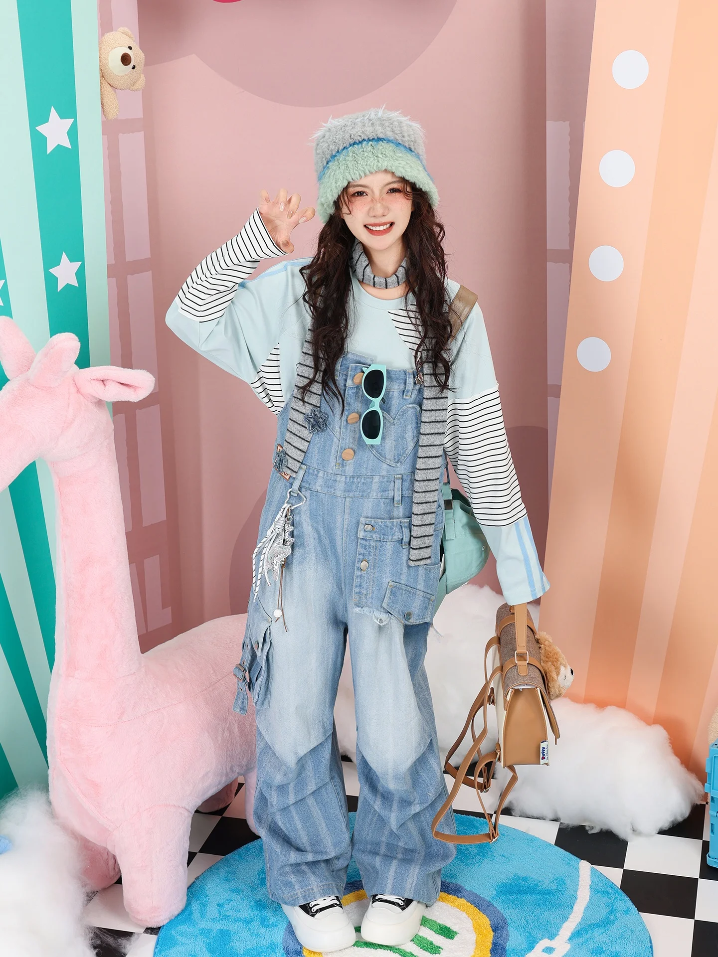 

Waed Denim Overalls Sweet College Sle Loose Fit Stripe Print Multi ket Workwear Long Trousers Double Waist PU Strap