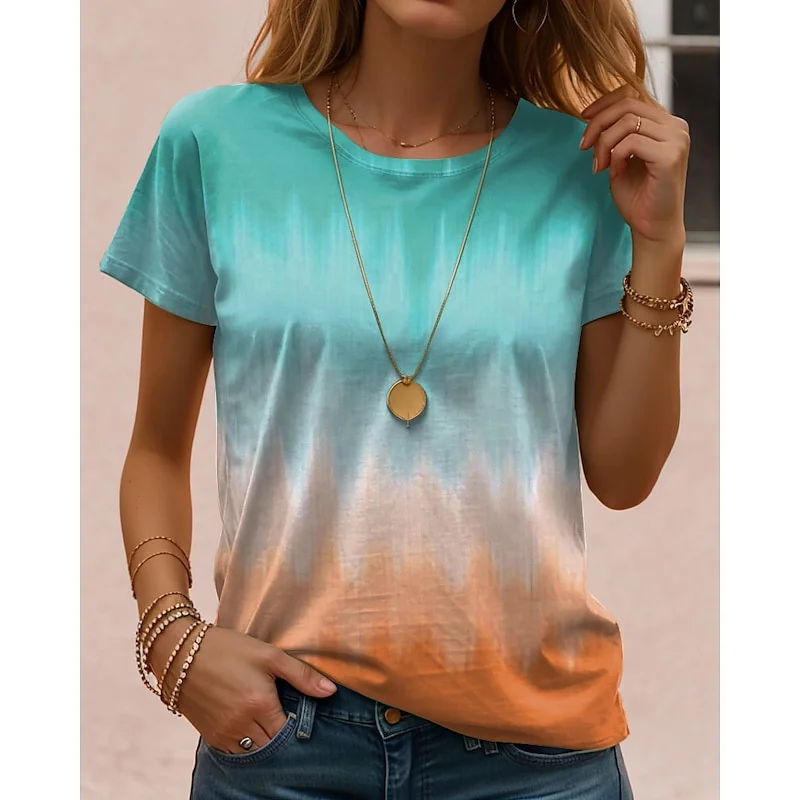 T-shirt da donna con stampa sfumata di colore moda Casual o-collo manica corta Tee Street Trend Harajuku camicetta allentata estiva superiore femminile