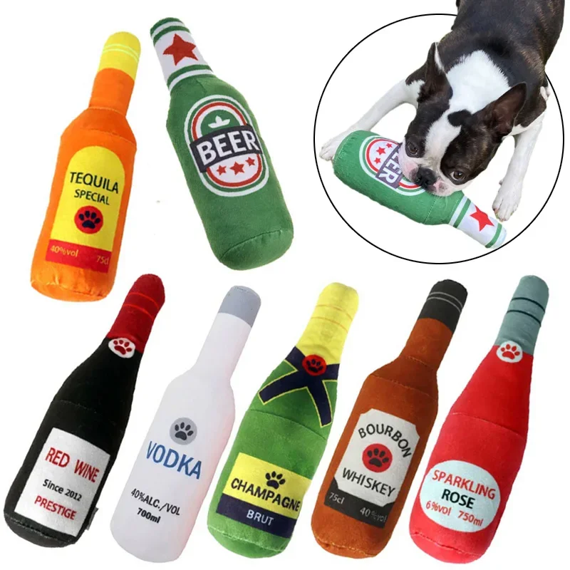 Interactive Dog Toys Champagne Wine Bottle Shape Pet Toy Plush Filled Vodka Toy Squeaky Bite-Resistant Pet Supplies Whisky Dog