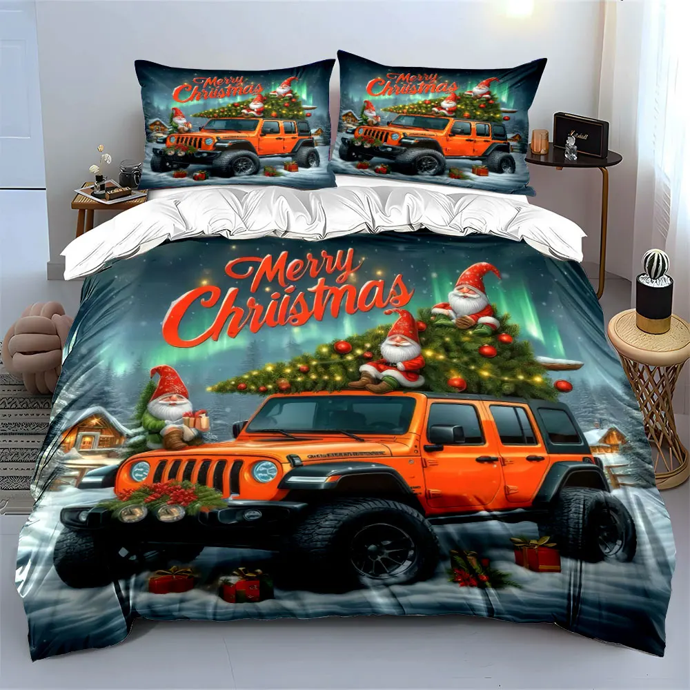 Christmas snow scene off-road vehicle and Santa Claus Print Duvet Cover Bedding Set Included 1*Duvet Cover 2*Pillowcases