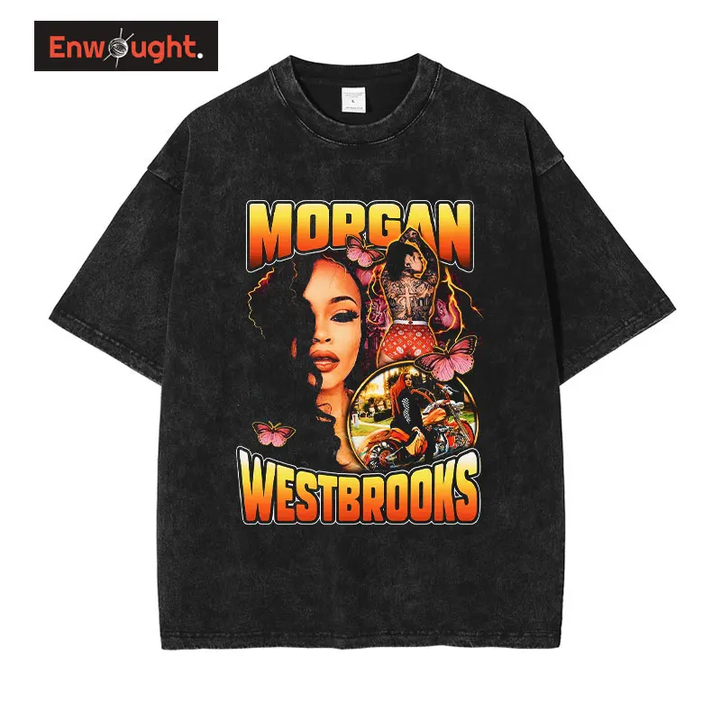 Hip Hop Morgan Westbrooks T-shirts Streetwear Vintage Washed Rock Tops Tees Harajuku Short Sleeve Oversized Retro T Shirt Men