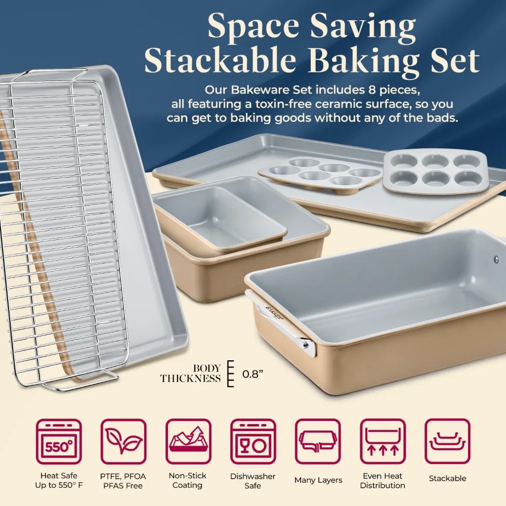 8-Piece Stackable Bakeware Set - Ceramic Non-Stick Coating, Baking Sheets, Assorted Baking Pans, PTFE, Healthy Baking