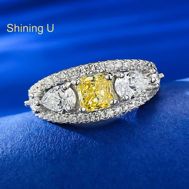 Shining U S925 Silver High Carbon Diamond Gems 5*5mm Citrine Ring for Women Fine Jewelry Anniversary