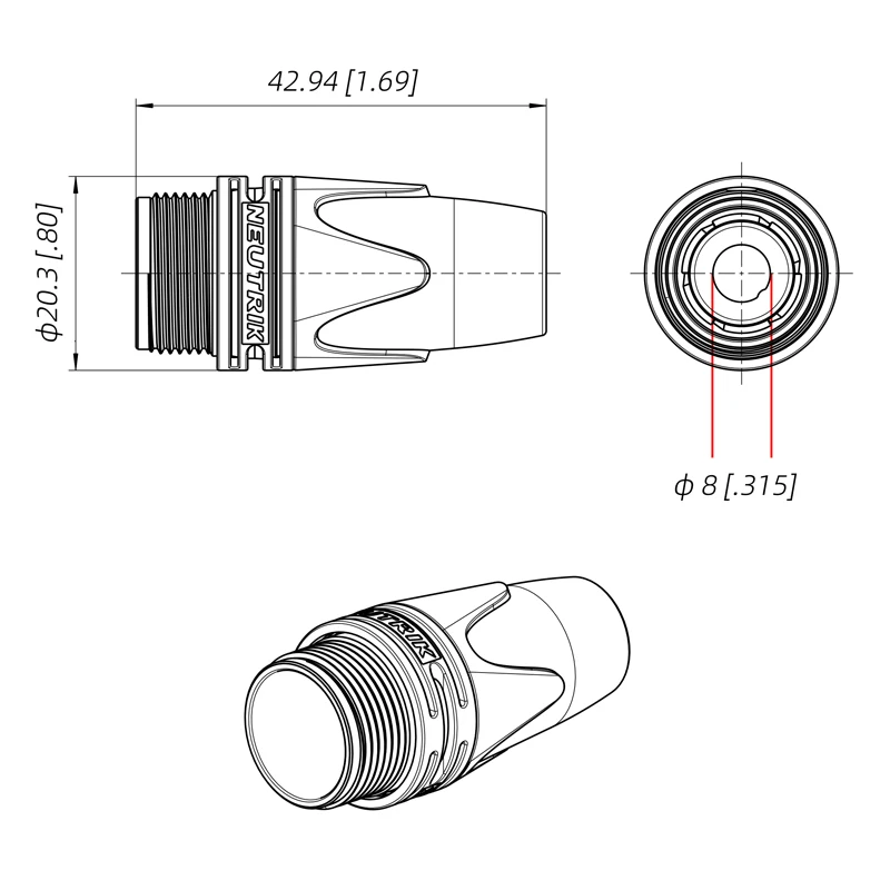 Oryginalna wtyczka NEUTRIK XLR duża tuleja BXX-14 do drutu kablowego o średnicy 8 mm-10mm, z odciążeniem typu chuck