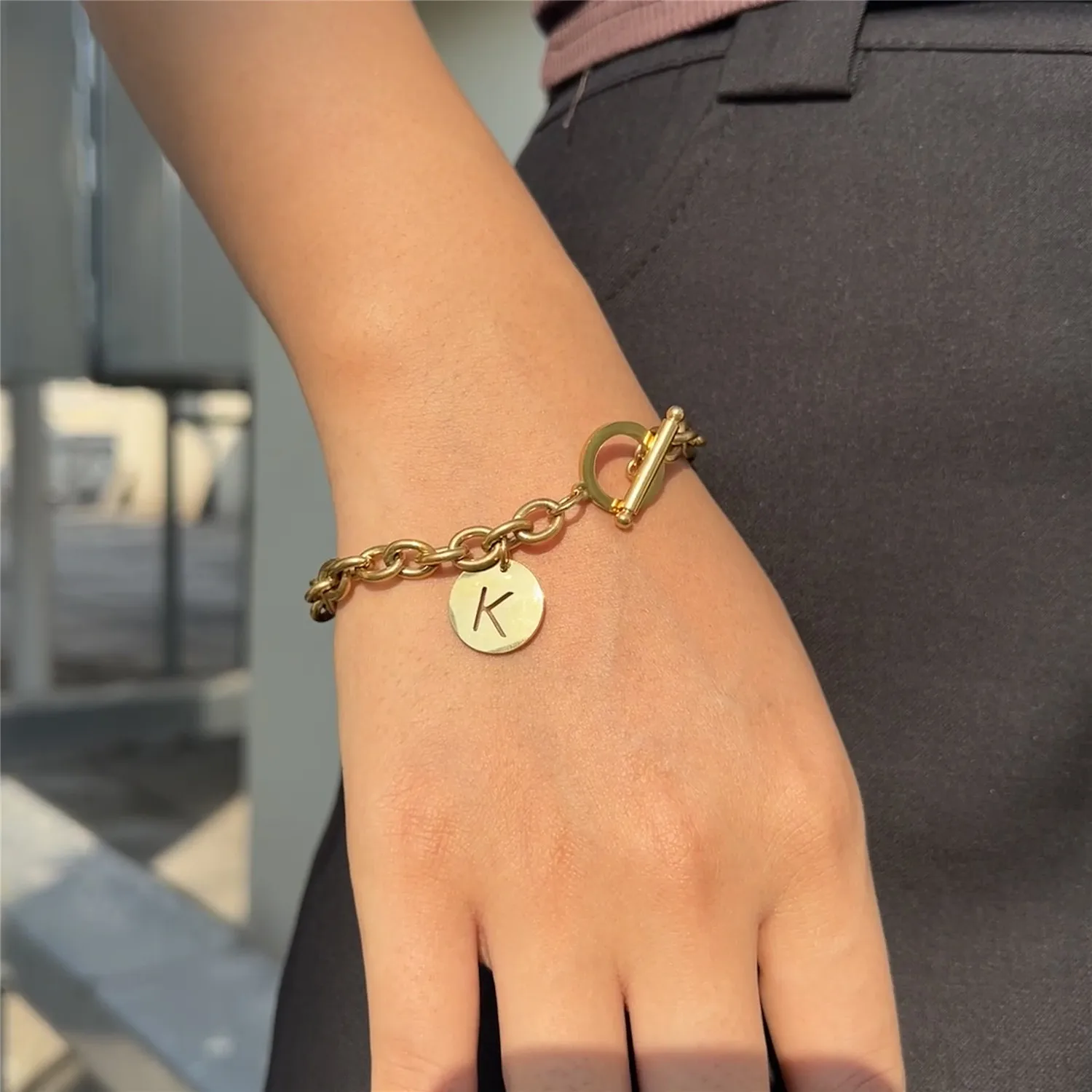 Stainless Steel Coin Initial Letter Bracelet For Women Alphabet Toggle Bracelet Name Jewelry