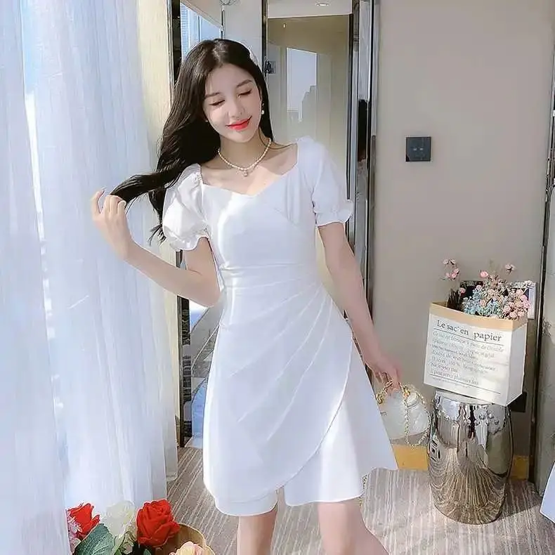 

White Evening Dress Short Square Neck Short Sleeve Versatile Fashionable Casual and Elegant Mid-length Dresses