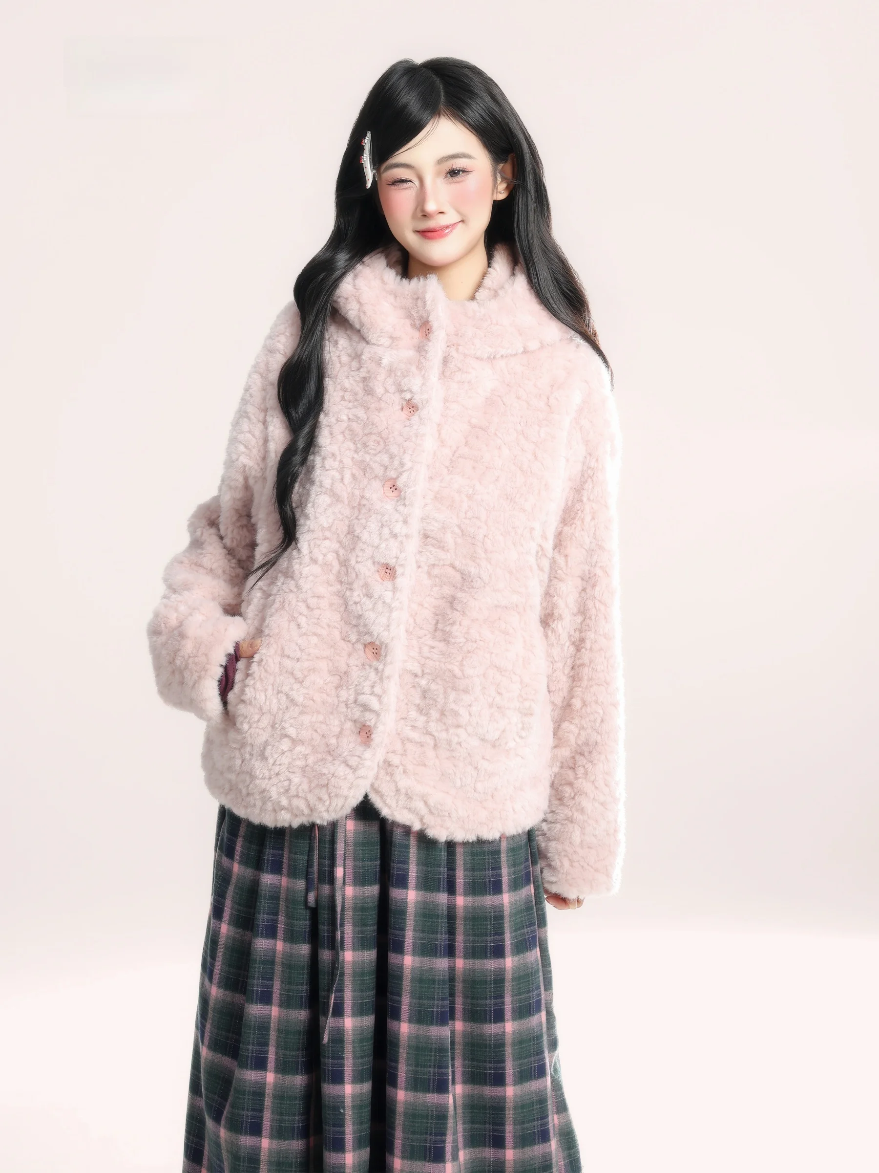 

Корейская женская теплая куртка-худи из искусственного меха и кожи, светло-розовая, осенне-зимняя, утепленная, с капюшоном