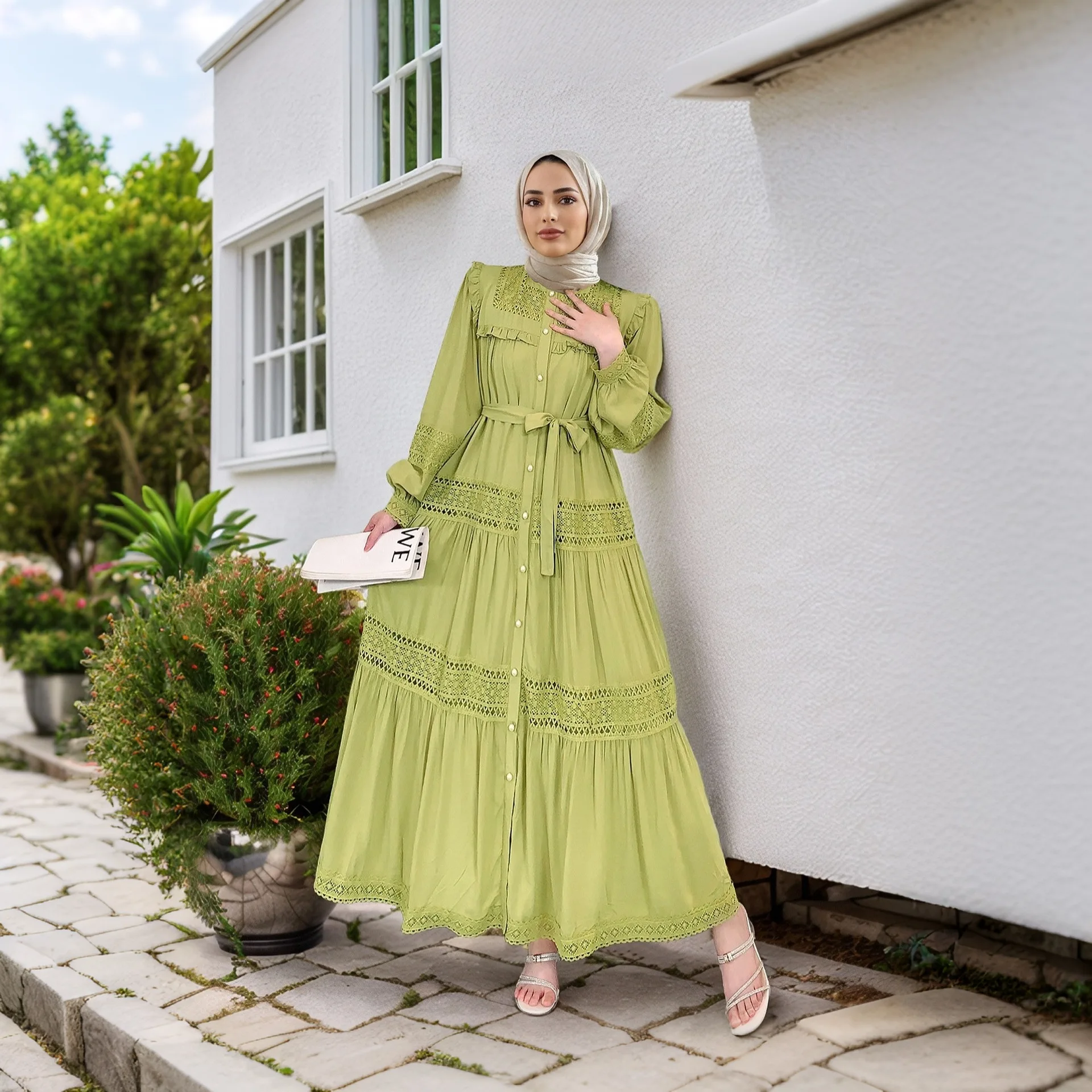 Robe longue en dentelle pour femmes musulmanes du moyen-orient, épissure creuse, volants, bord, col montant, Abaya, nouvelle collection