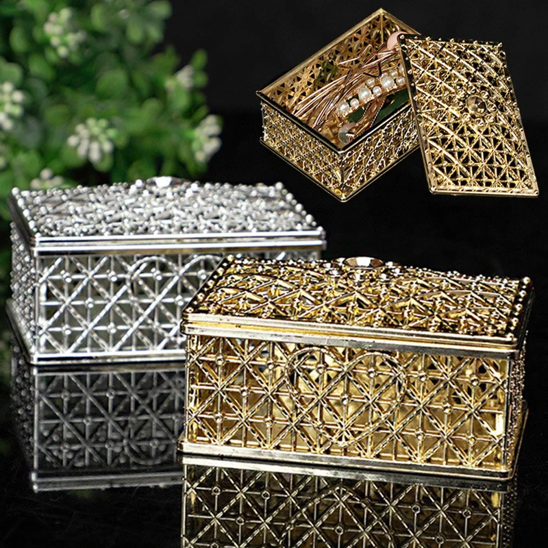 Retro Treasure Storage Box Gold Sliver Candy Jewelry Trinket Boxes Vintage Crystal Hollow Organizer Case Trendy Decor Party Gift