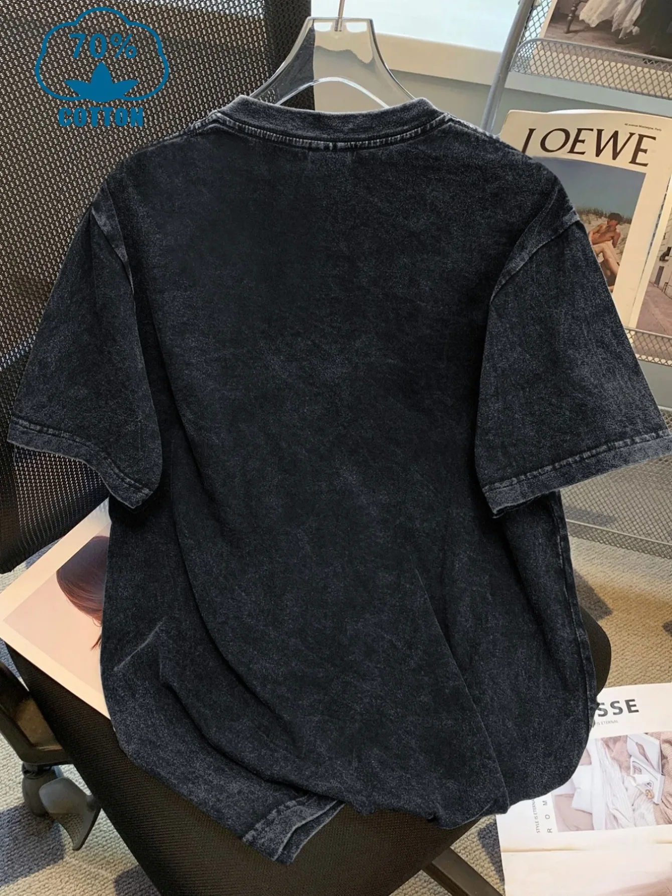Women’s Washed and Distressed Short-Sleeve Top, Fashionable and Comfortable Cotton-Blend Top with Photo and Letter Prints