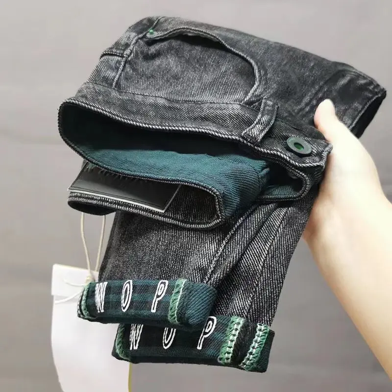 

Высококачественные роскошные мужские джинсы большого размера, тонкие прямые эластичные повседневные длинные брюки, модные хлопковые эластичные джинсовые брюки со средней талией на молнии