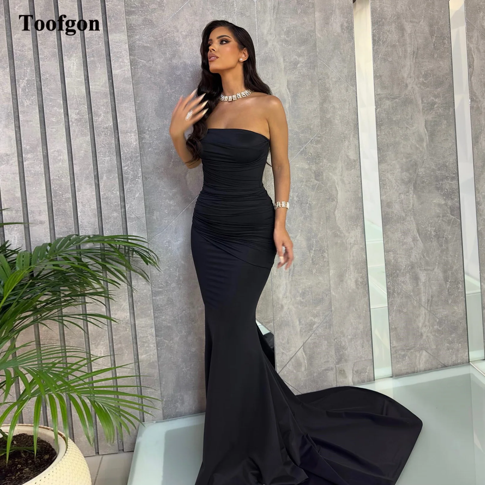 

Toofgon Black Mermaid Long Women Prom Dresses Pleat Sweep Train Strapless Customized Special Occasion Formal Party Evening Gowns