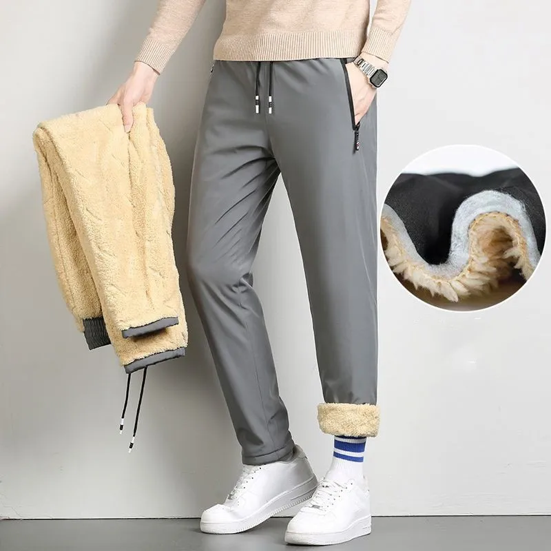 Men's Winter Lambswool Trouser Drawstring Pants For Men Cotton Plus Size Fur-Lined Jogging Pants  Zipper Sweatpants Outdoor