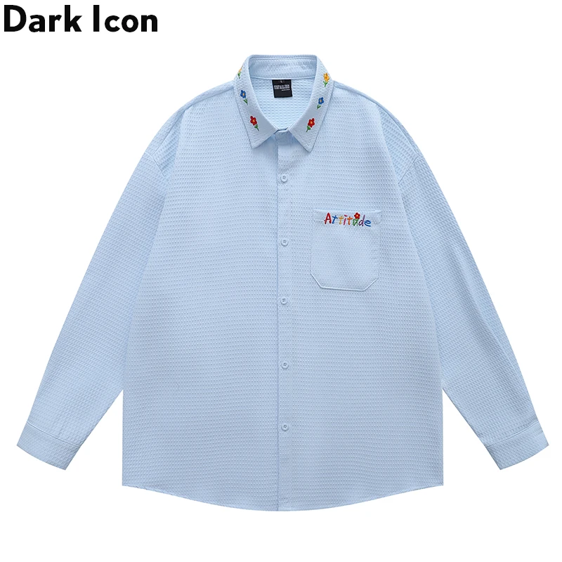 

Рубашка с вышивкой Dark Icon, осенняя вафельная рубашка с длинными рукавами, мужской и женский свободный и универсальный повседневный топ