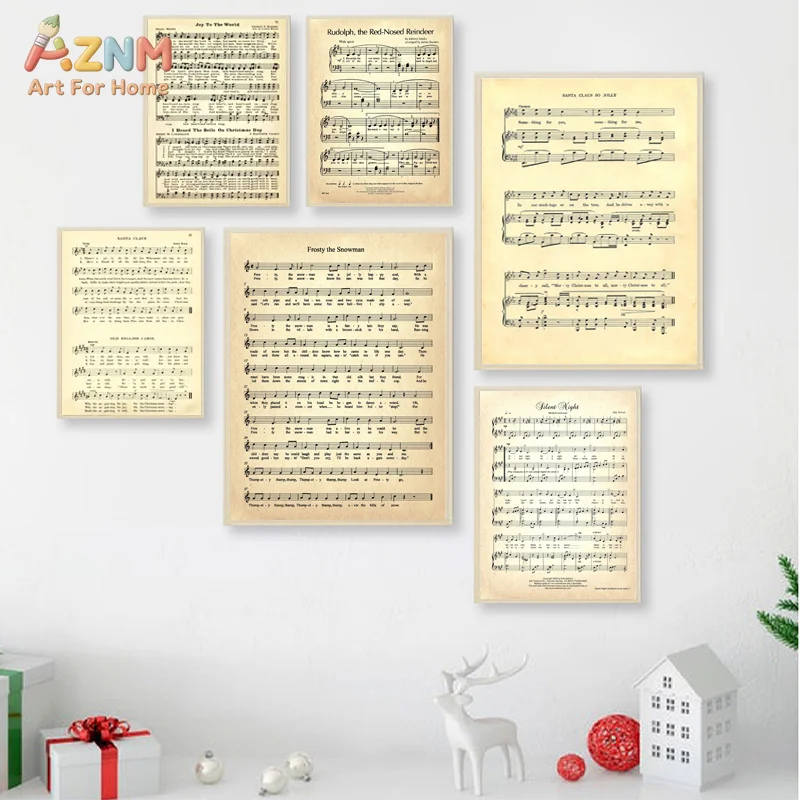 AZNM Unframed Canvas Print Vintage Christmas Sheet Music Wall Art Carol Song Lyric Home Decor Poster