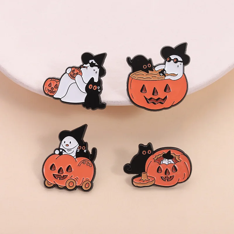 

Halloween pumpkin ghost and black cat creative design brooch, personalized holiday accessories decoration badge