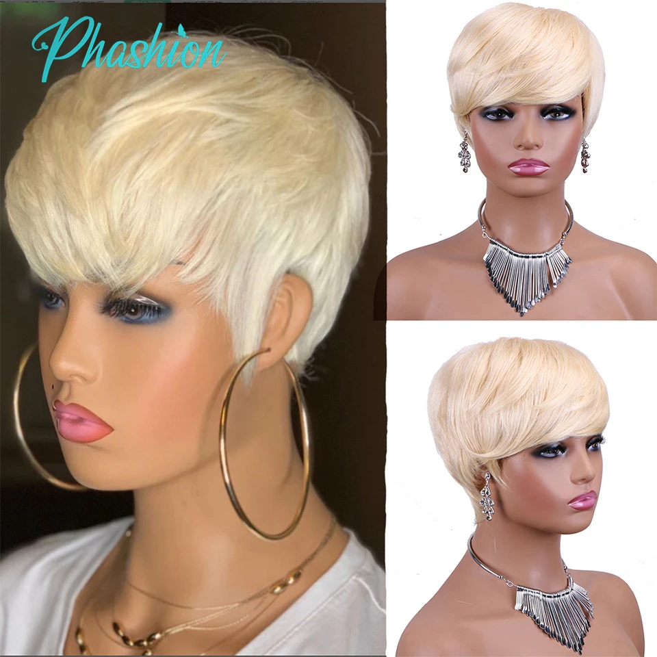 

Phashion Colored 613 Blonded Pixie Cut Human Hair Wigs With Bangs Short Straight Wig Brazilian Remy Cheap Machine Made On Sale