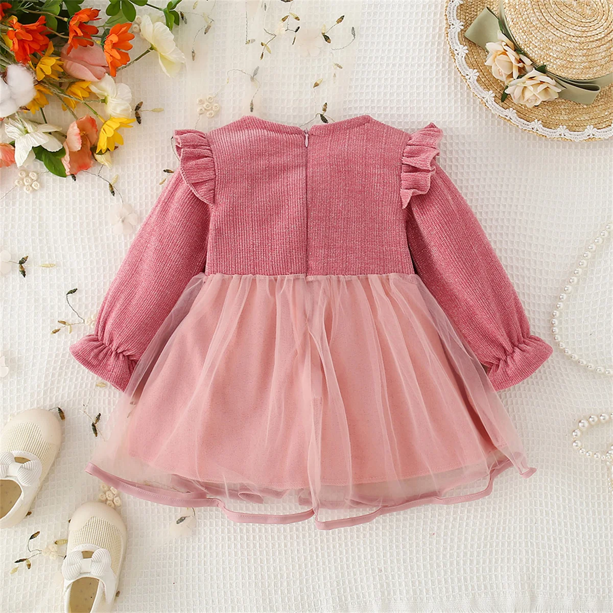 Autumn Girl Bow Long Sleeve Mesh Princess Dress With Lace Decoration Solid Round Neck Birthday Red Sweet Dress