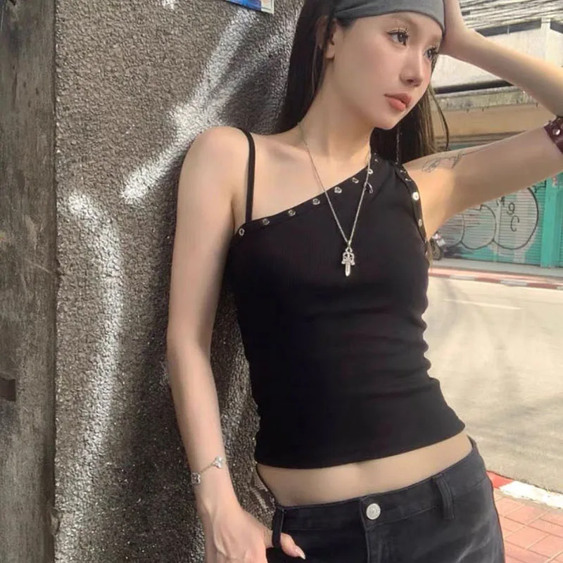 Lucyever Black Sexy One Shoulder Vest Tops Women Streetwear Ribbed Sleeveless Slim Fit Tank Female Y2K Grunge Punk Crop Tops