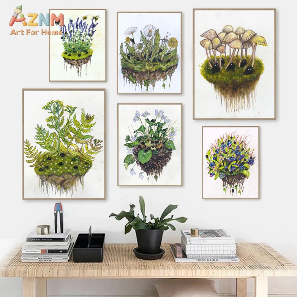 Impresión de Espíritus de Hongos, Pintura de Acuarela de Helecho, Impresión Artística de Jardín de Diente de León y Bruja, Póster de Lona de Bosque Encantador, Decoración de Pared