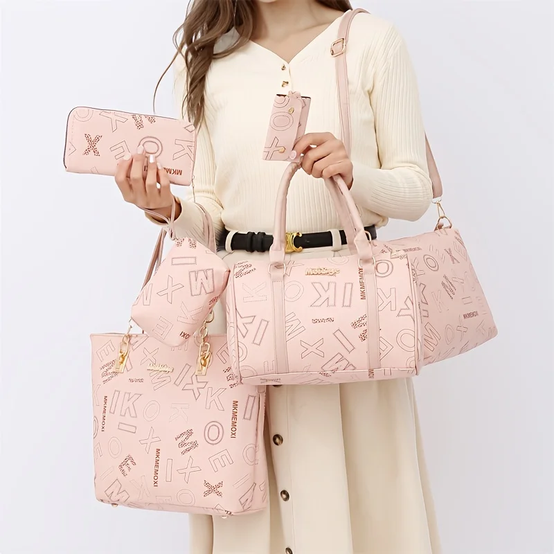 

6pcs Women Retro Letter Print Shoulder Bag Suit Fashion Handbag Wallet Key Bags Multifunctional Storage Large Capacity Tote Bags