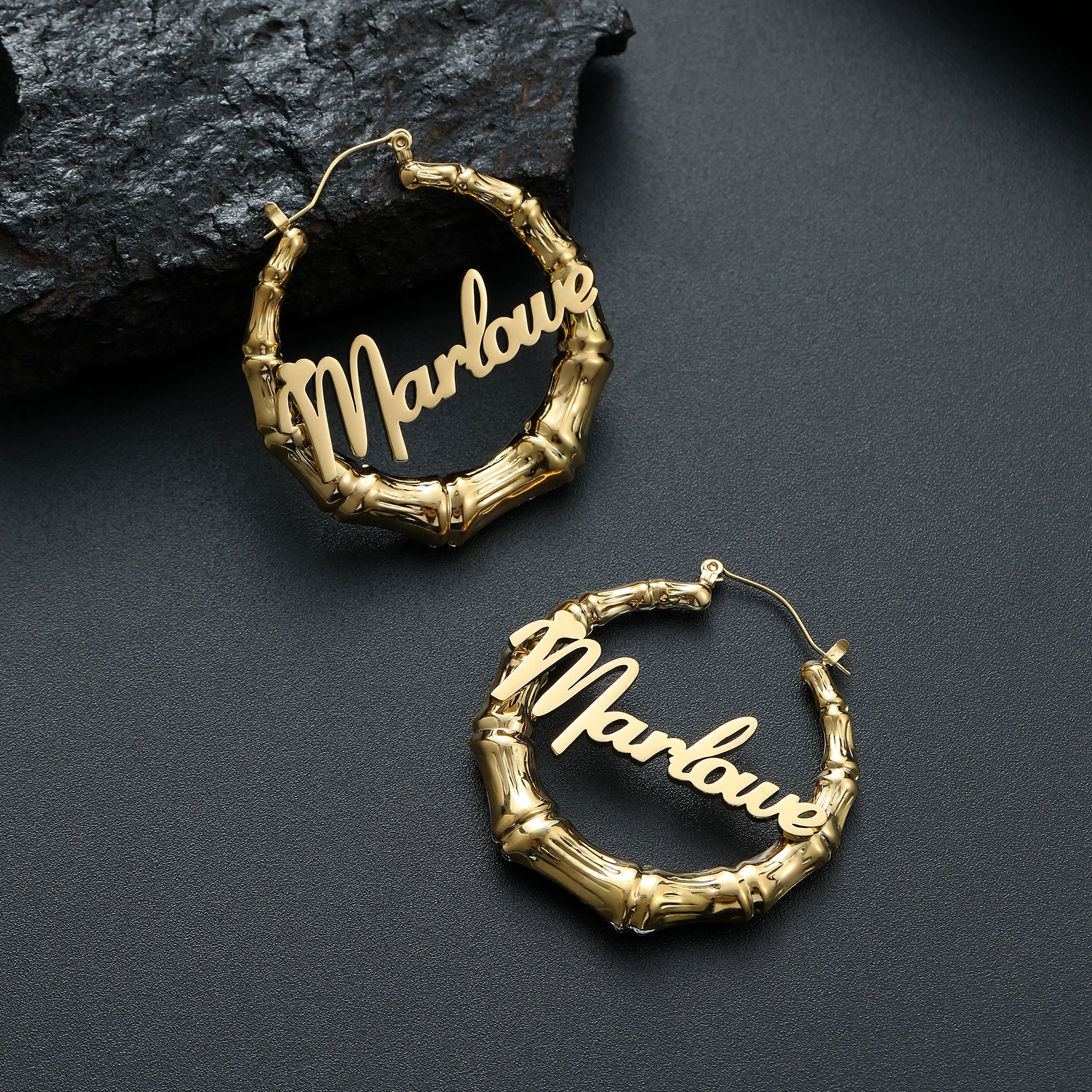 Pendientes de bambú grandes personalizados para mujer, aretes con nombre personalizado, diseño dorado, joyería de acero inoxidable, regalos