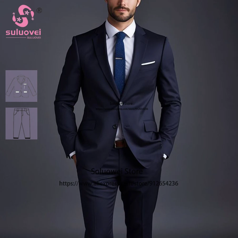 

Classic Navy Blue Suits For Men Slim Fit Business 2 Piece Pants Set Formal Groomsmen Wedding Party Prom Tuxedos Blazer Masculino